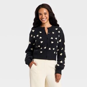 a new day Women's Heart Print cardigan Black Tan Hearts L